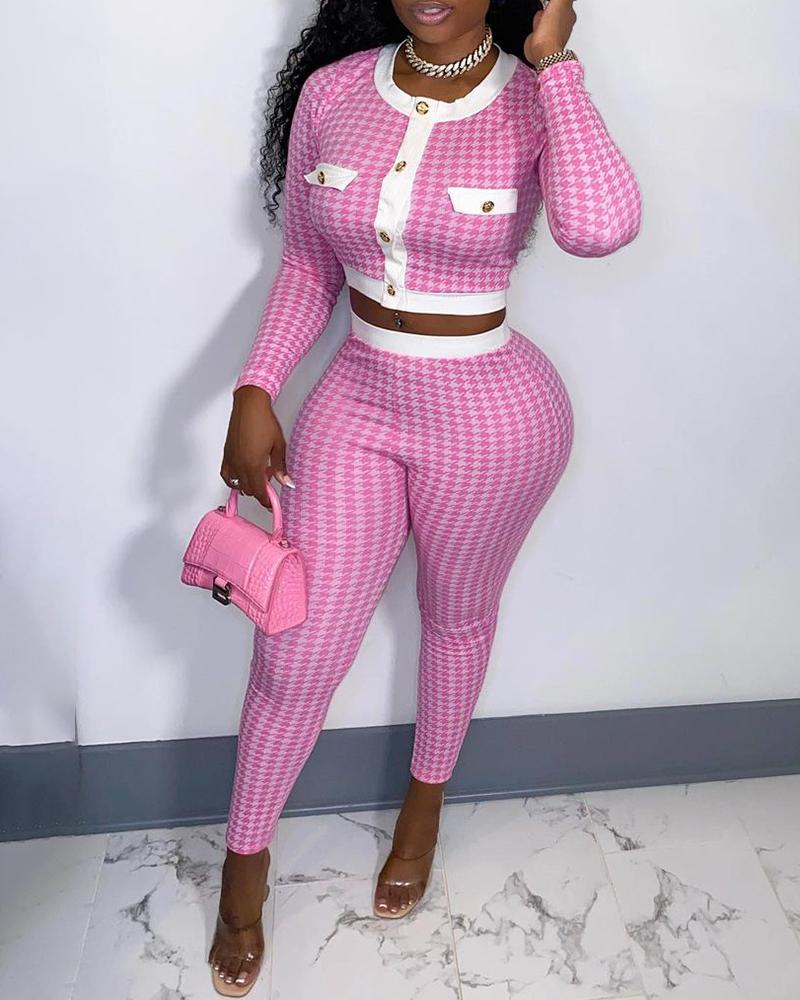 

Houndstooth Print Colorblock Buttoned Crop Top & Skinny Pants Set, Pink