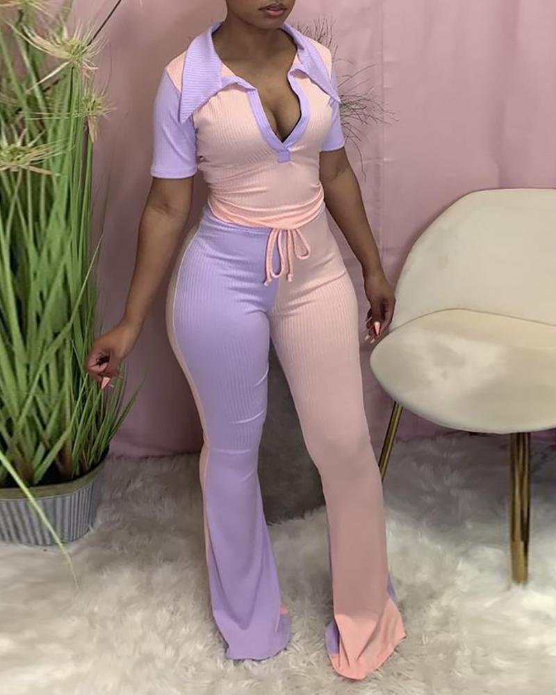 

Colorblock V Neck Lace Up Top & Pants Sets, Purple