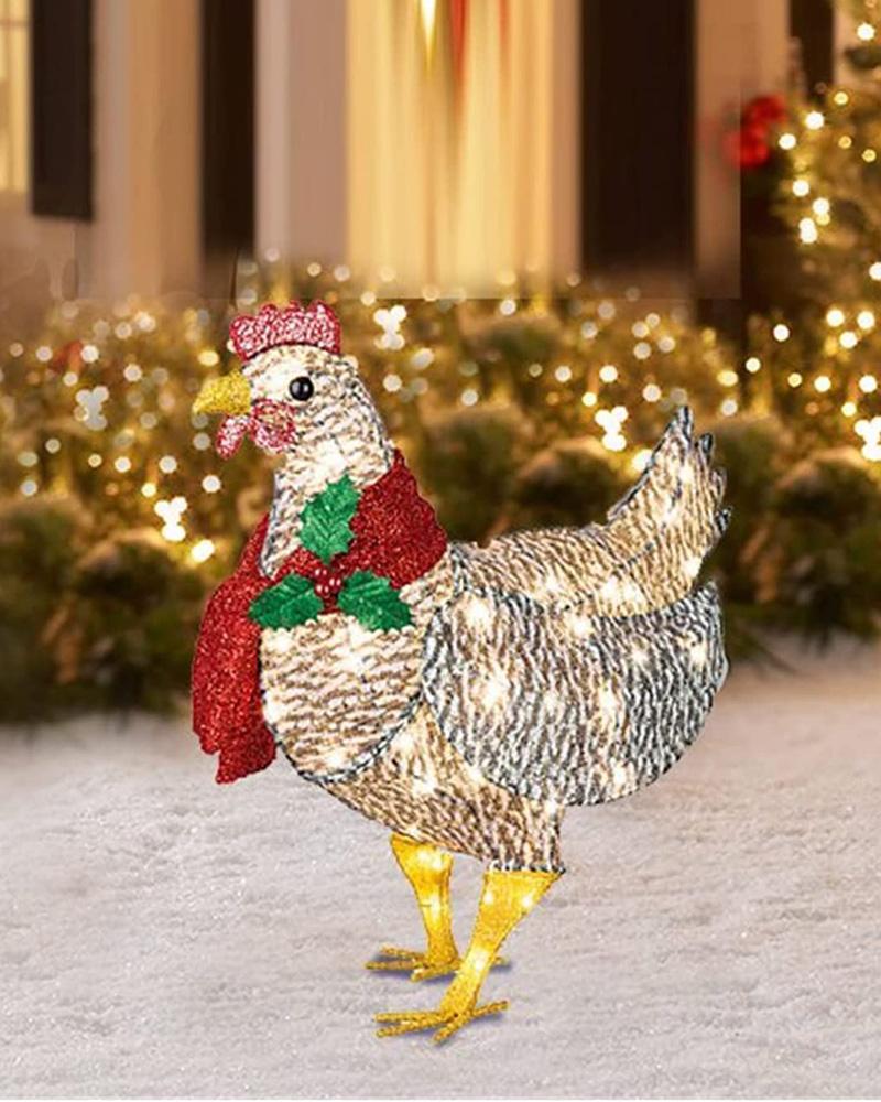 

Light-Up Chicken With Scarf Metal Chicken Signs For Ground Lawn Outdoor Ornament, Style1
