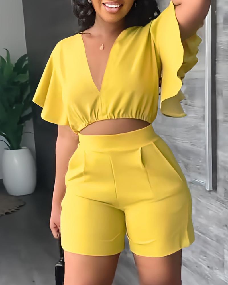 

V-Neck Flutter Sleeve Crop Top & Shorts Set, Yellow