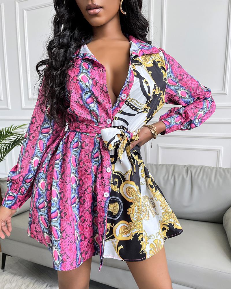 

All Over Print Long Sleeve Button Up Mini Dress With Belt, Multicolor