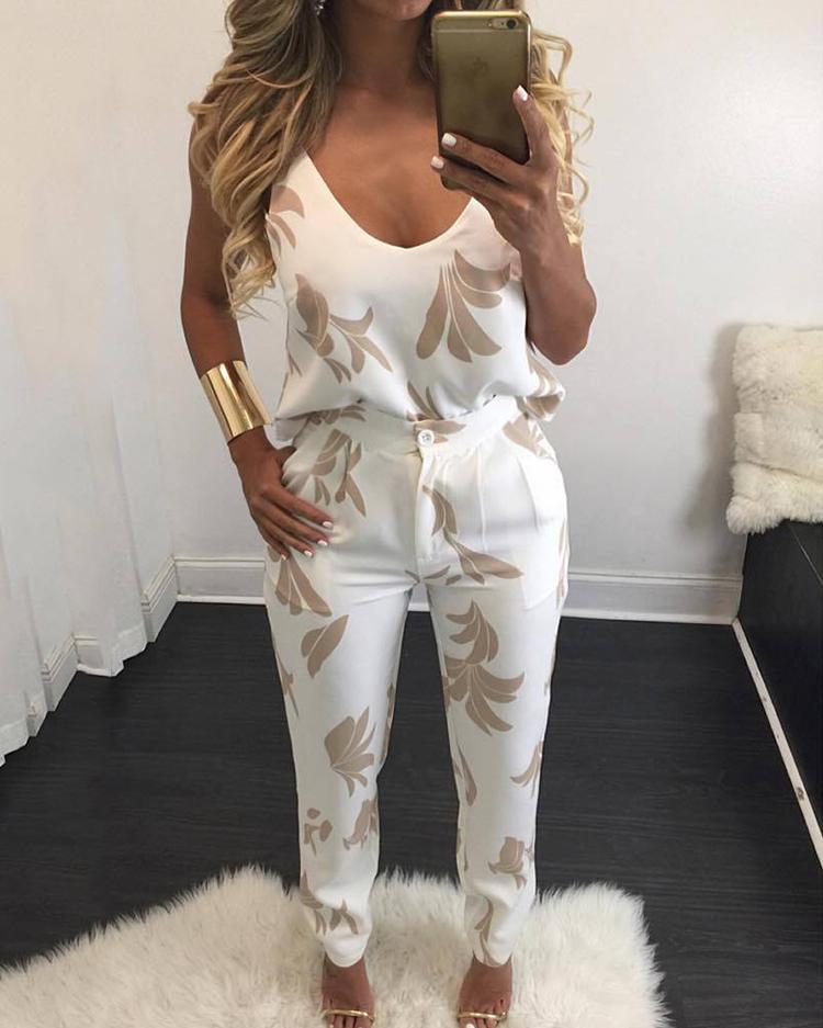 

Stylish Printed Spaghetti-strap Print Pant suit, Coffee