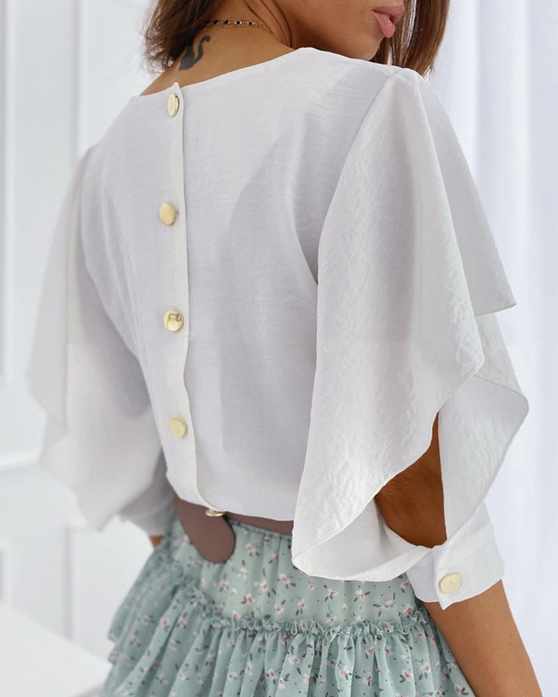 

Button Design Butterfly Sleeve V-neck Blouse, White