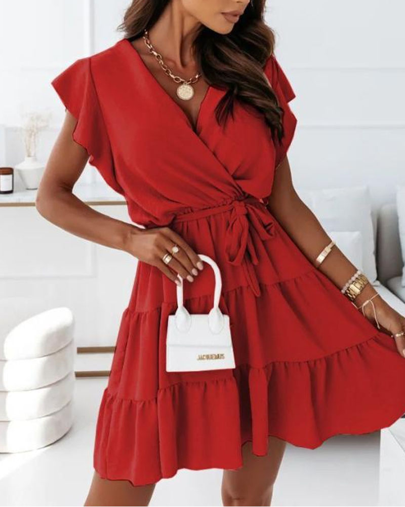 

Ruffle Hem Belted Wrap Dress, Red