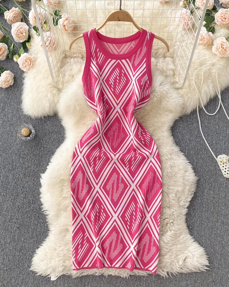 

Letter Plaid Pattern Tight Waist Knit Bodycon Dress, Red