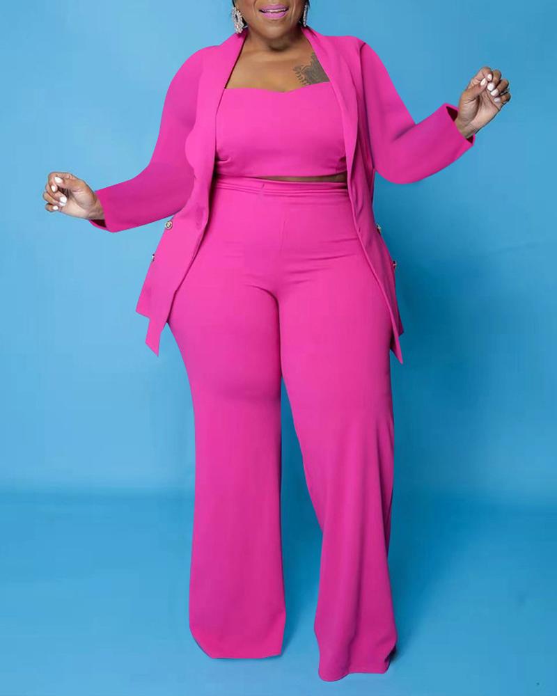 

Plus Size 3PCS Double Breasted Blazer & Pants Set With Crop Top, Hot pink