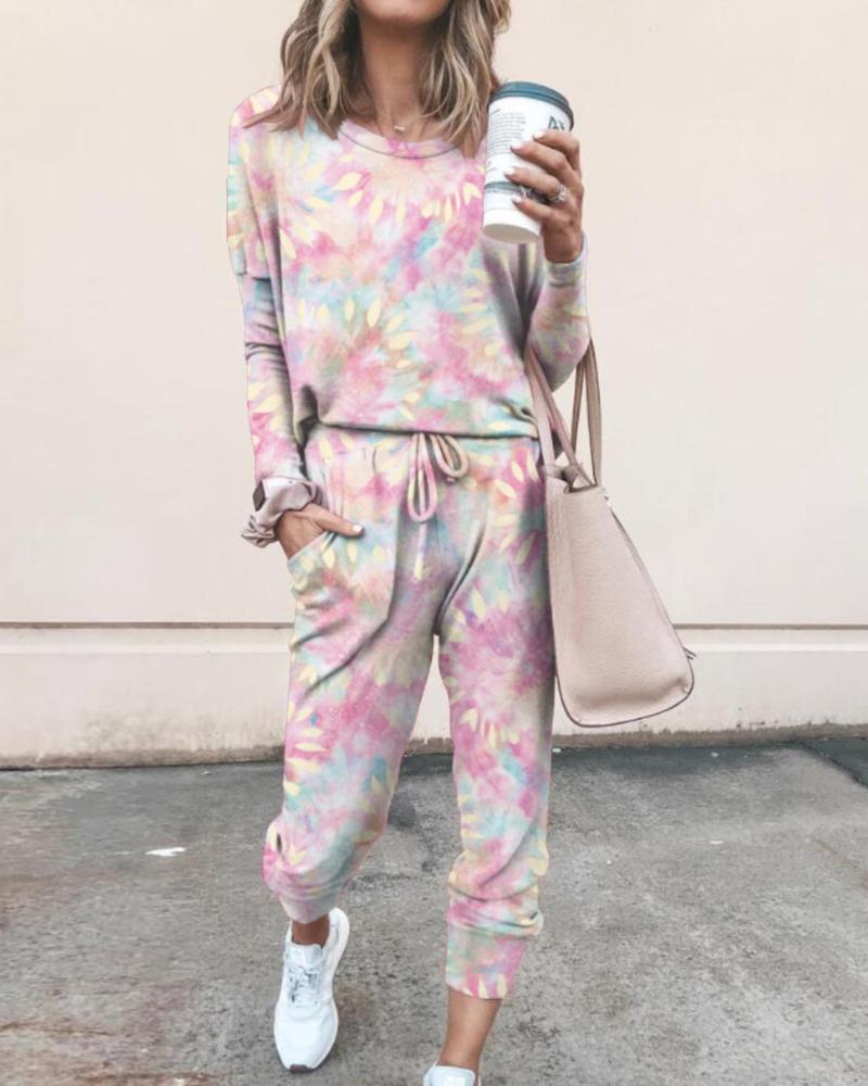 

Tie Dye Daisy Print Top & Drawstring Pants Set, Pink