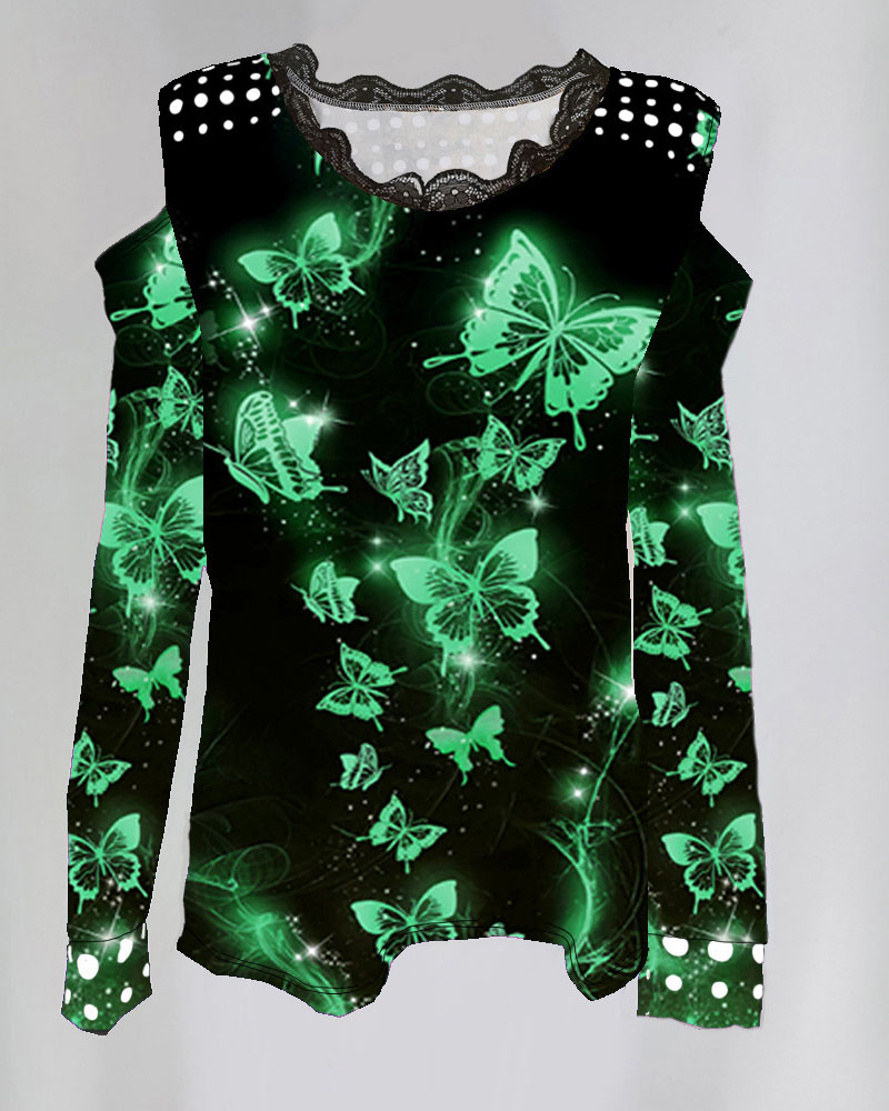 

Butterfly Print Lace Trim Cold Shoulder Top, Green