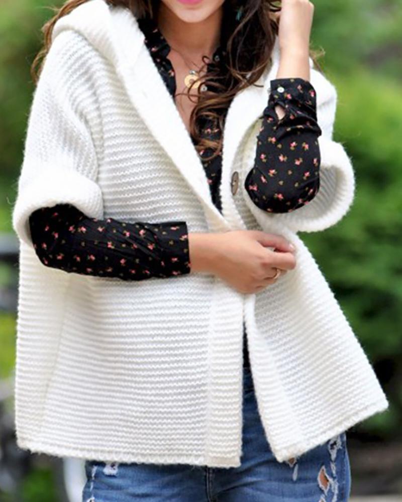 

Knit Button Design Half Sleeve Hooded Cardigan, White
