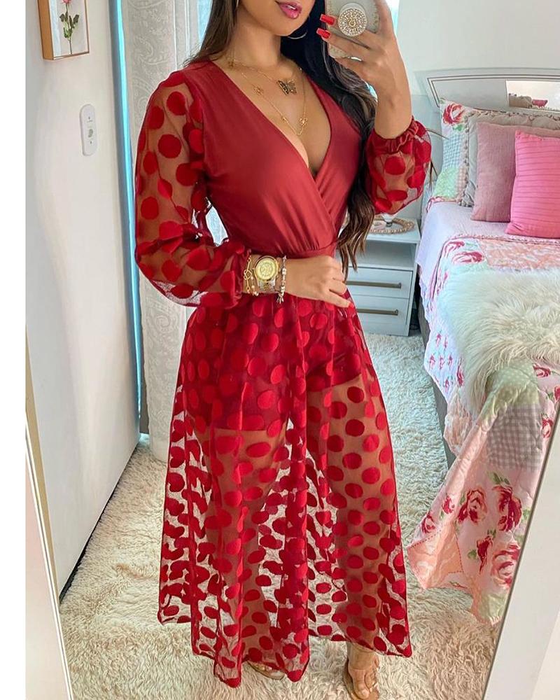 

Polkadot Print Wrap Long Sleeve Maxi Dress, Red