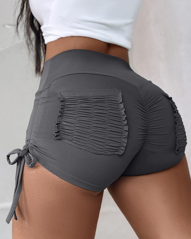 

Shorts de motociclista atlético com cintura alta e franzido lateral com cordão e bolsos, Gray