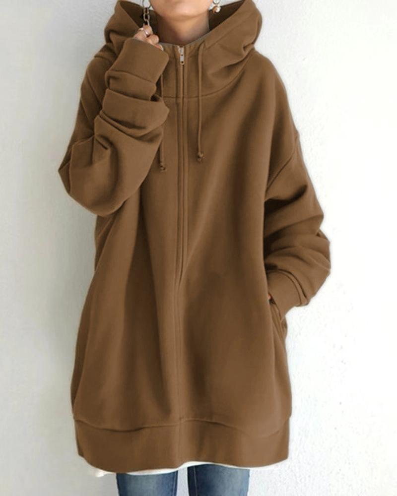 

Long Sleeve Zip Front Fleece Lined Hoodie, Coffee