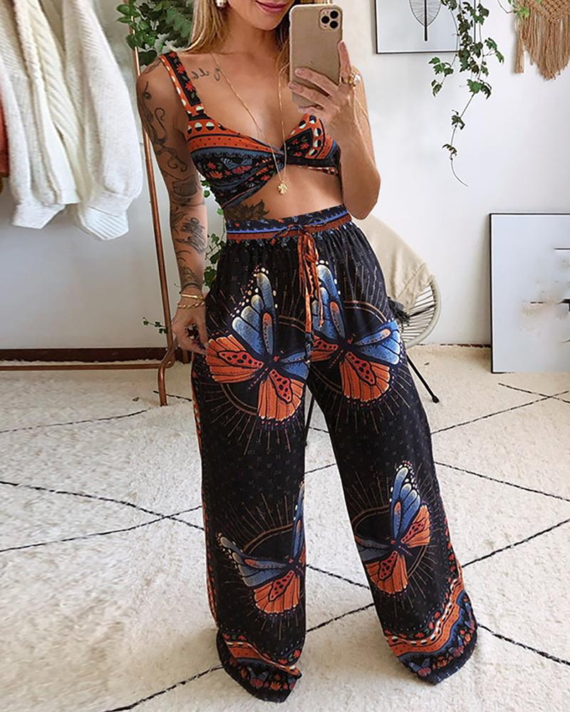 

Butterfly Print Crop Top & Drawstring Wide Leg Pants Sets, Black