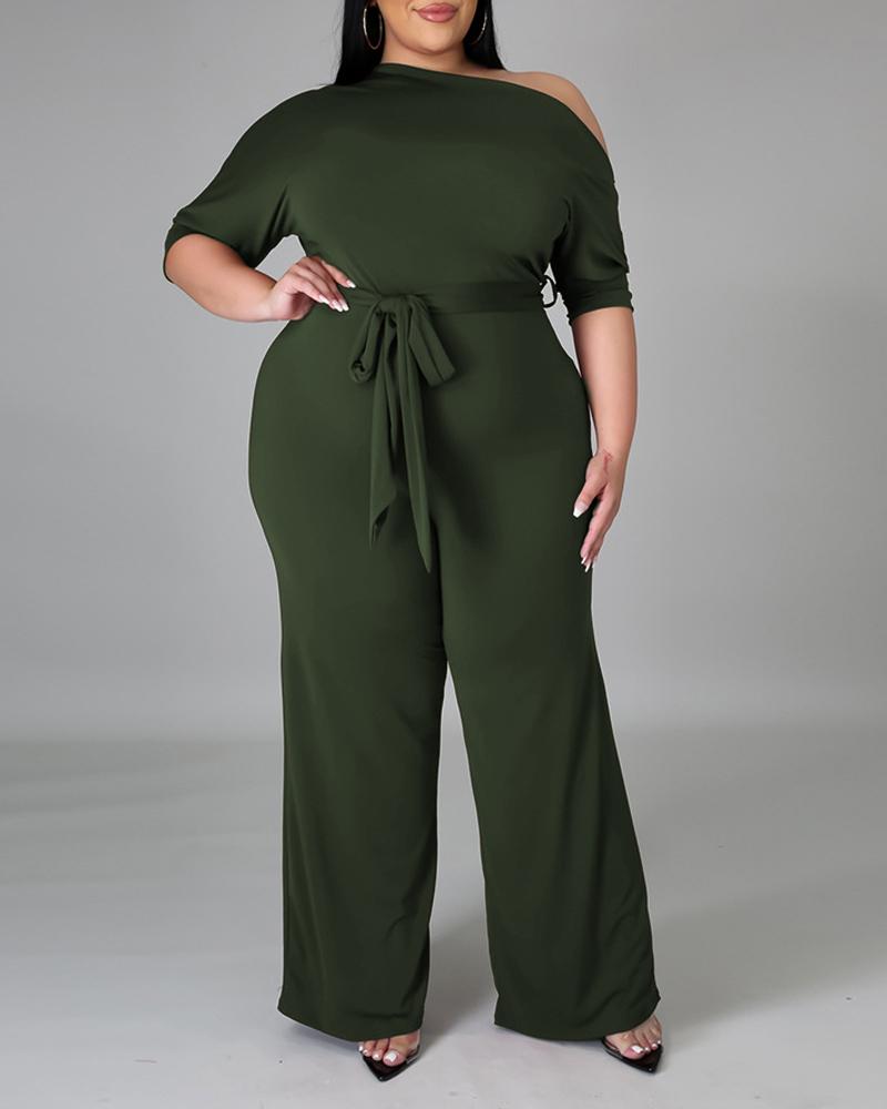 

Plus Size Skew Neck Jumpsuit With Belt, Green