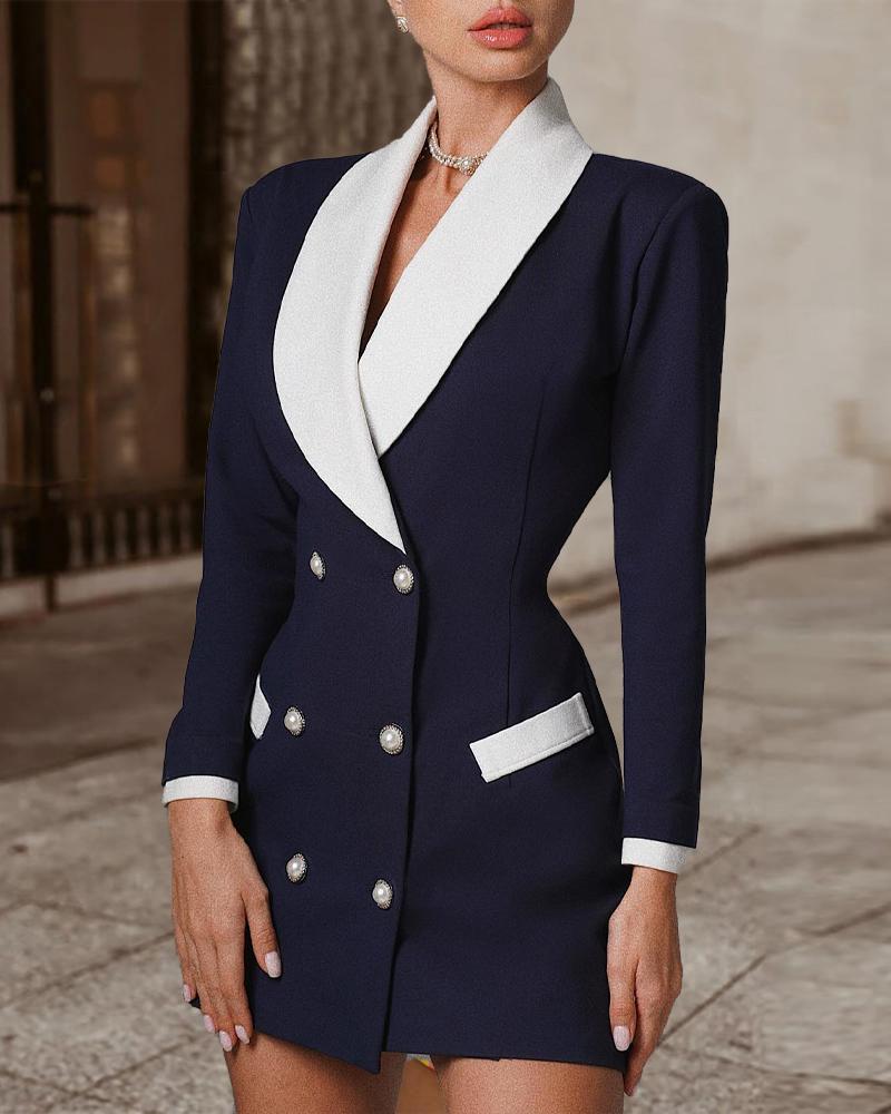 

Contrast Paneled Double Breasted Blazer Dress, Dark blue