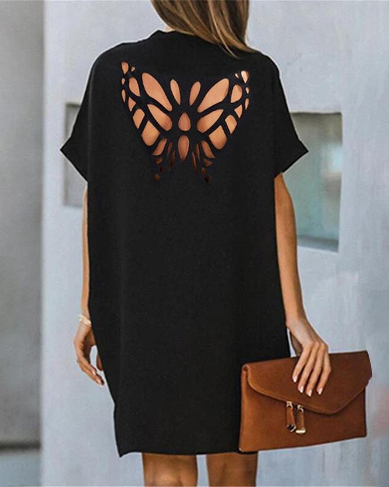 

Butterfly Shaped Hollow-out Casual T-shirt Dress, Black