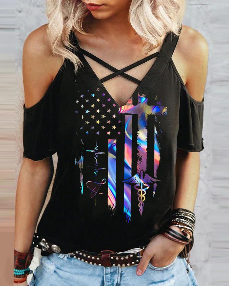 

Flag Pattern Print Bandage Cold Shoulder T-shirt, Black