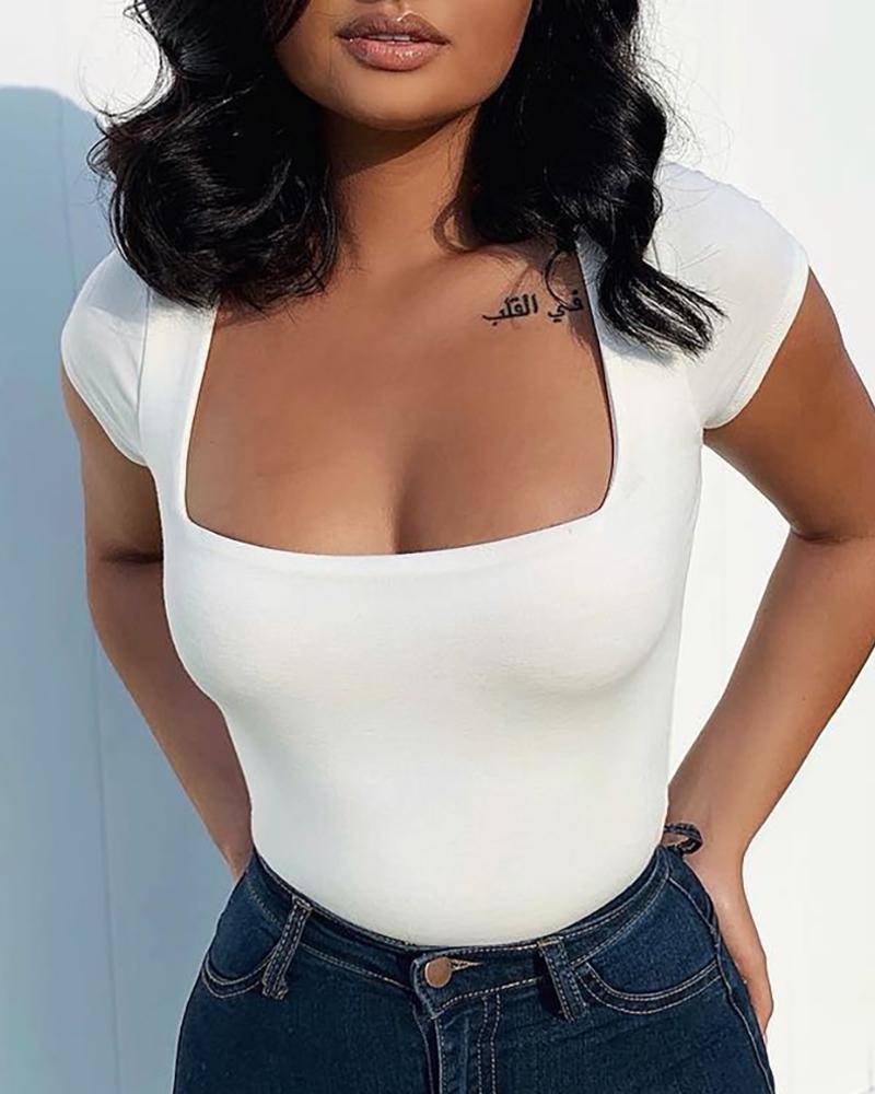 

Solid Short Sleeve Square Neck Bodysuit, White