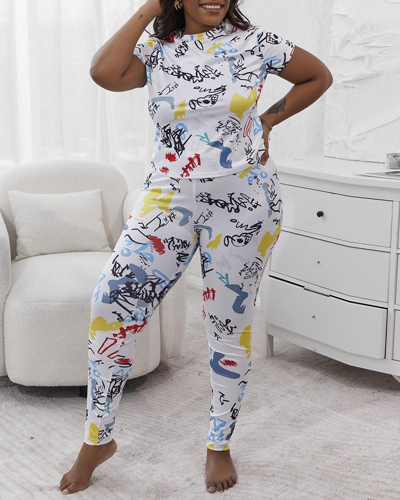 

Plus Size Graphic Graffiti Print Casual Top & Pants Set, White