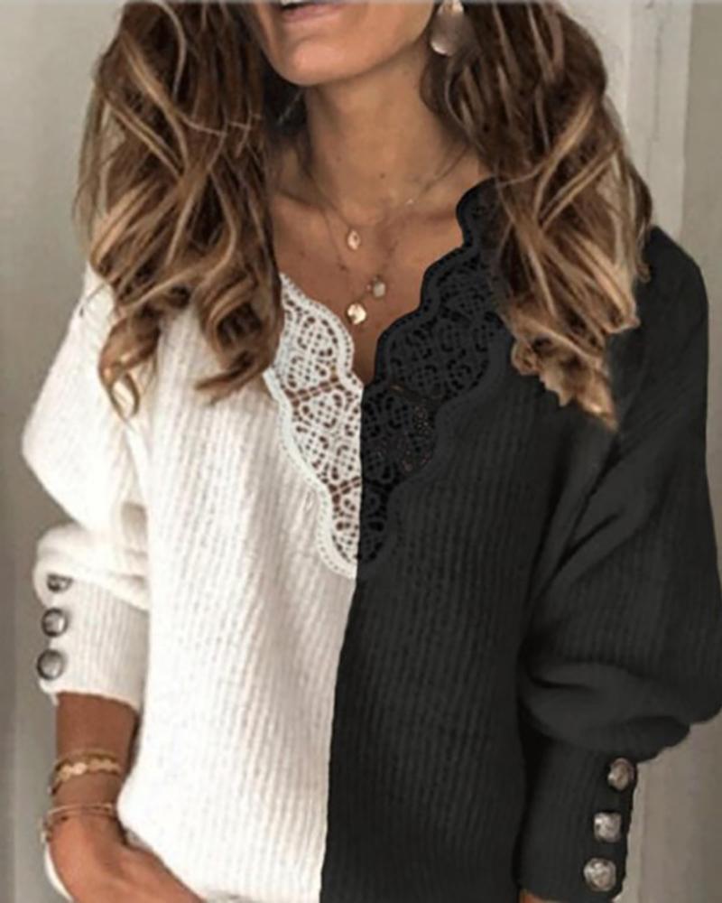 

Colorblock Lantern Sleeve Lace Trim Sweater, Black