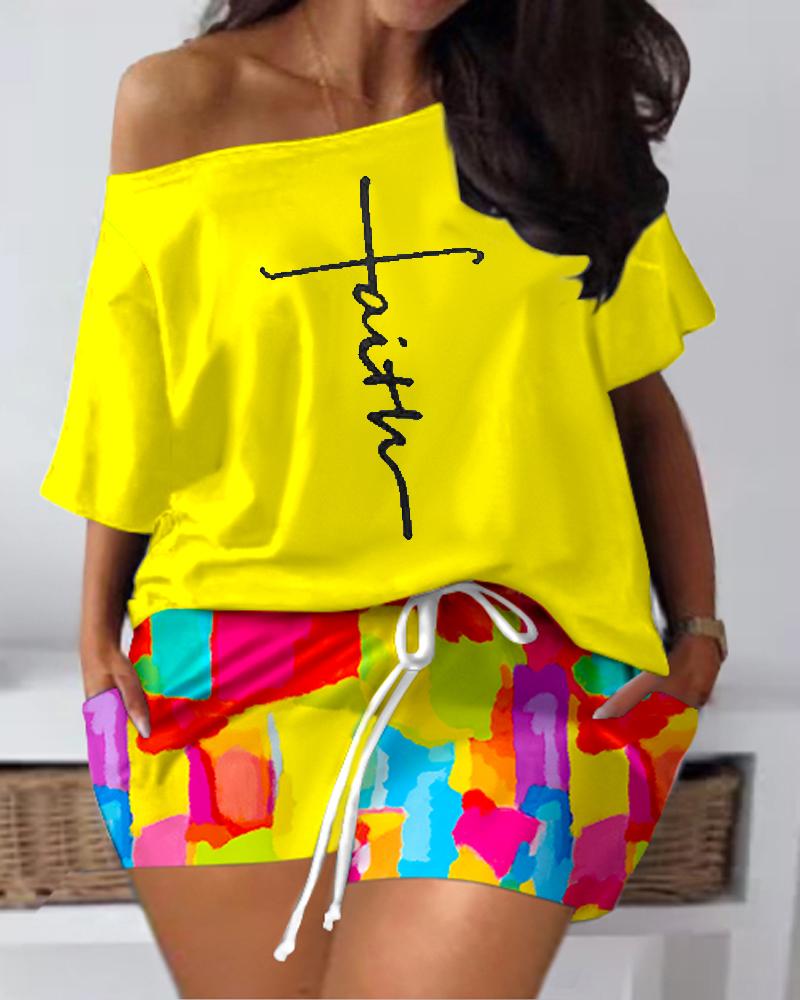 

Plus Size Faith Melting Colors All Over Print Top & Shorts Set, Yellow