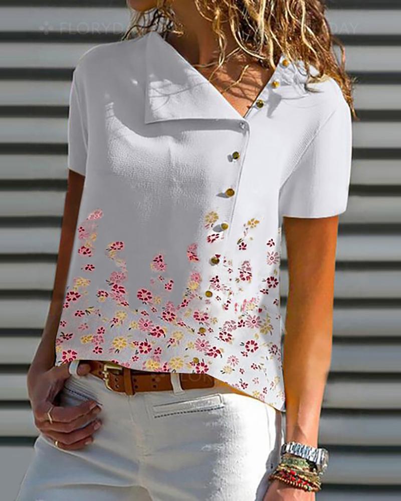 

Floral Print Short Sleeve Casual Top, White