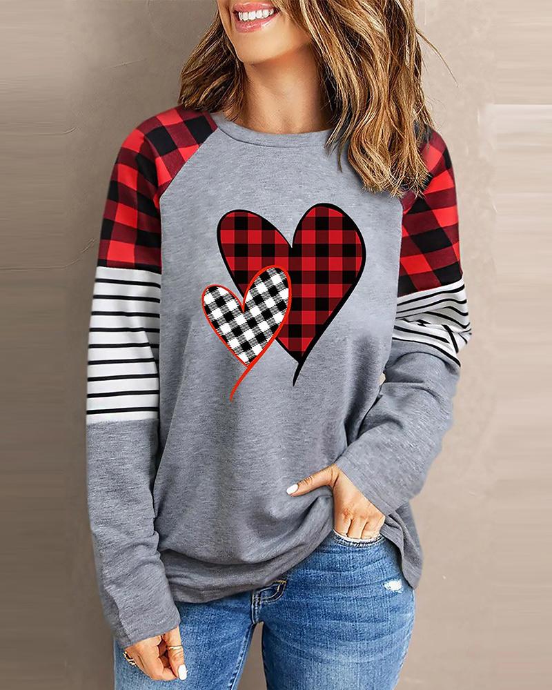 

Valentine' Day Striped Plaid Heart Print Sweatshirt, Gray