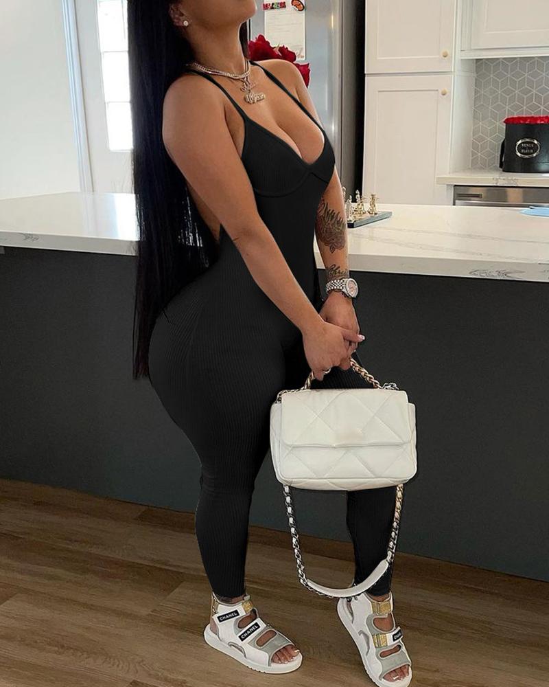 

Crisscross Backless Padded Plunge Yoga Jumpsuit, Black