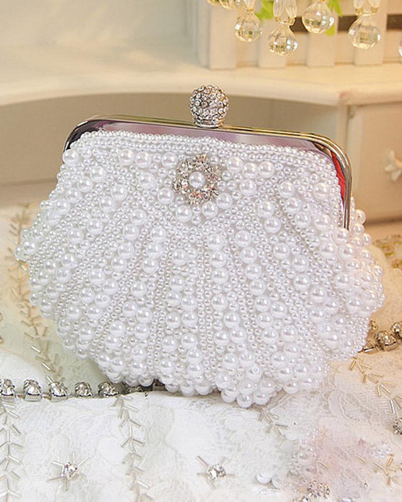 

Pearls Beaded Shell Shaped Evening Handbag, White