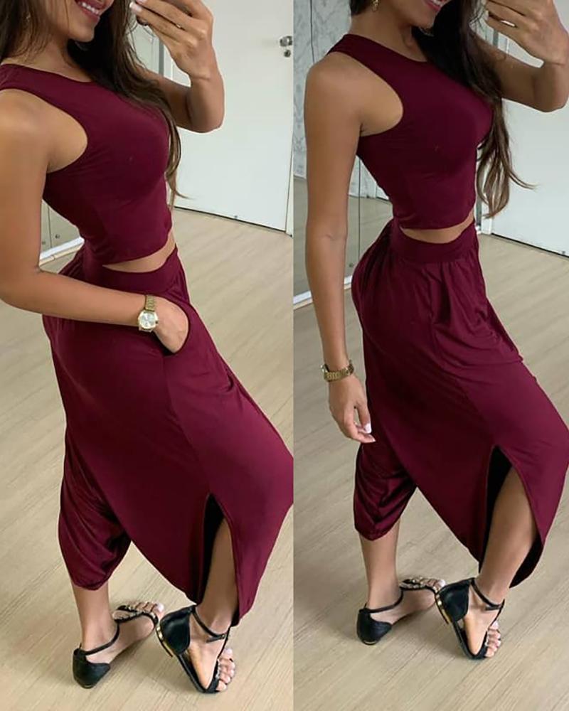

Sleeveless Plain Skinny Top & Pocket Design Pants Set, Dark red