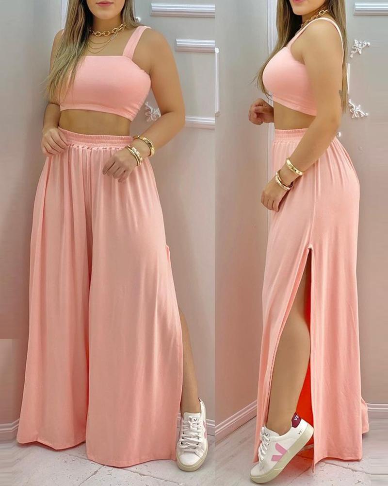 

Thick Strap Top & High Slit Pants Set, Pink