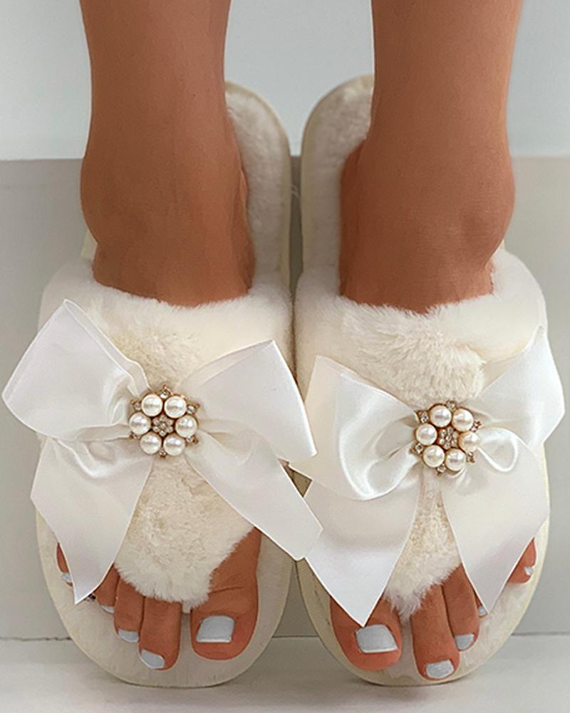 

Bowknot Beaded Toe Post Fluffy Slippers, Beige