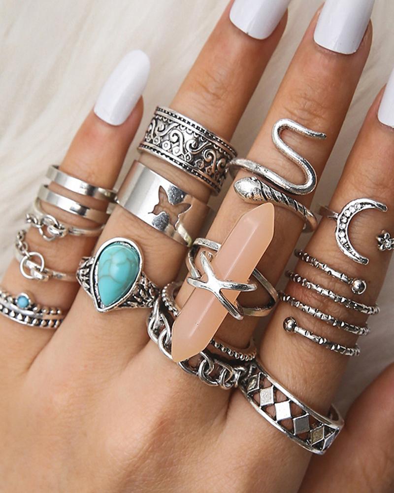 

12PCS/Set Bohemian Turquoise Snake Shaped Geometric Quartz Hexagon Column Rings, Silver