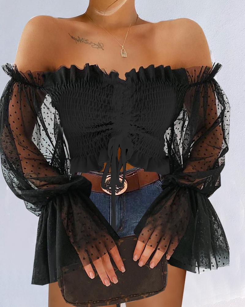 

Contrast Mesh Flounce Sleeve Frill Hem Drawstring Shirred Crop Top, Black