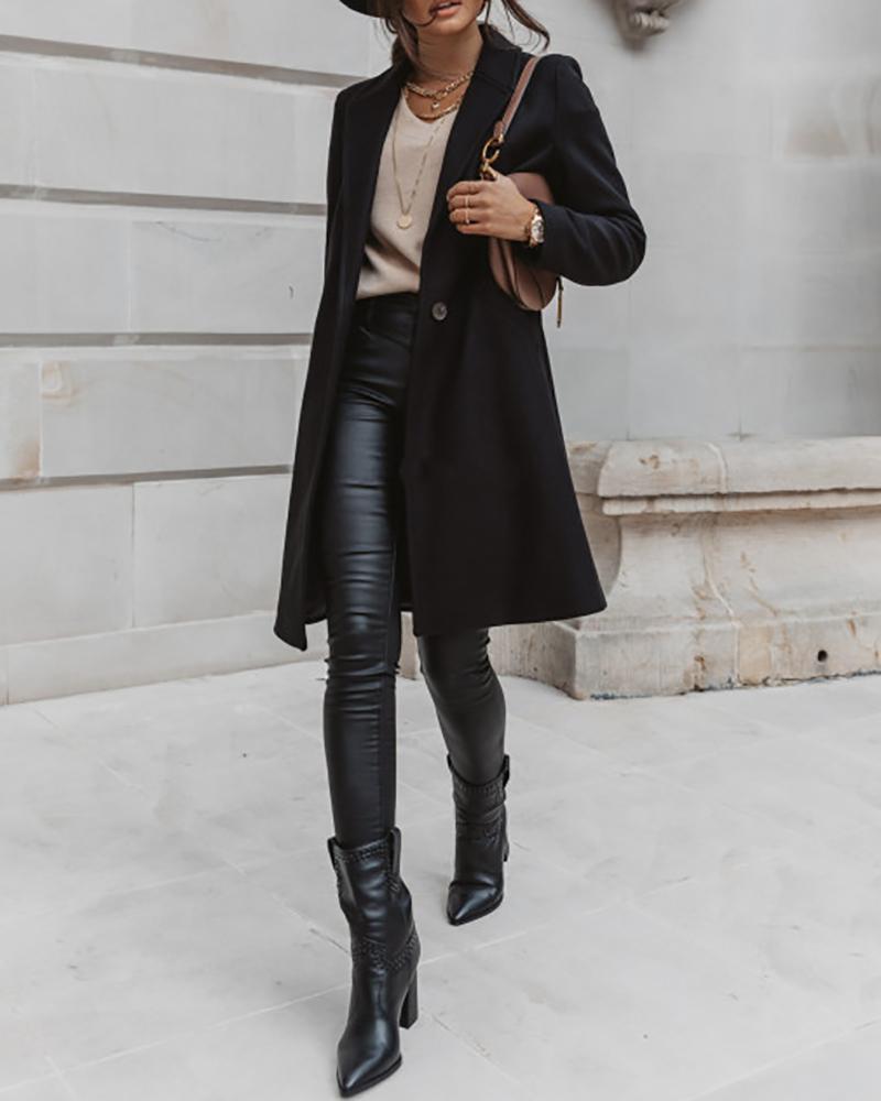 

Pocket Button Design Long Sleeve Coat Plain Turn-down Collar Daily Long Coat, Black