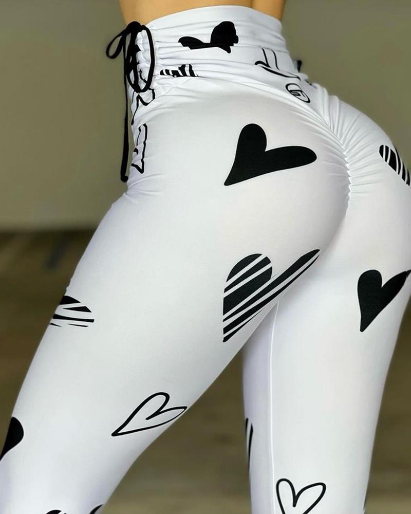 

Heart Print Drawstring Scrunch High Waist Leggings, White