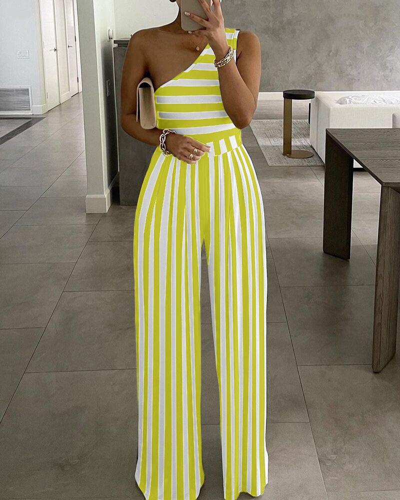 

One Shoulder Striped Colorblock Jumpsuit, Yellow