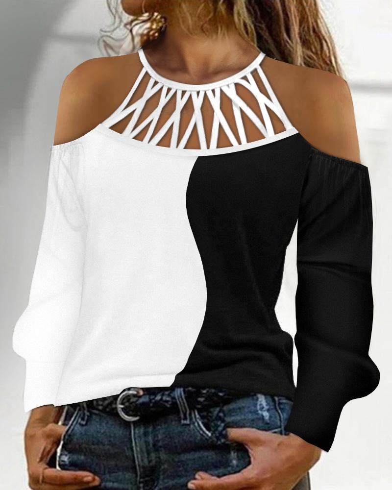 

Colorblock Hollow Out Cold Shoulder Top, Blackwhite