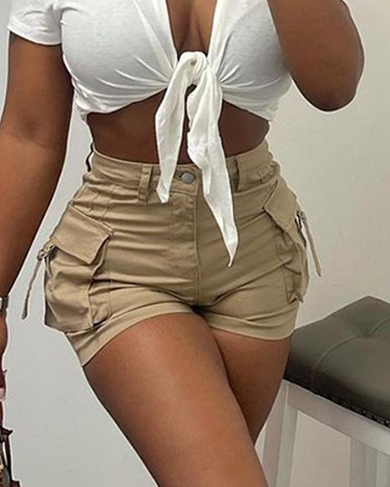 

Flap Pocket High Waist Shorts, Khaki