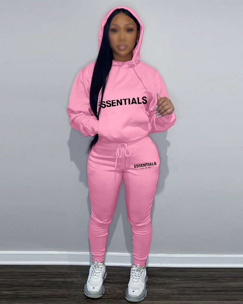 

Letter Print Long Sleeve Hoodie & Pants Set, Pink