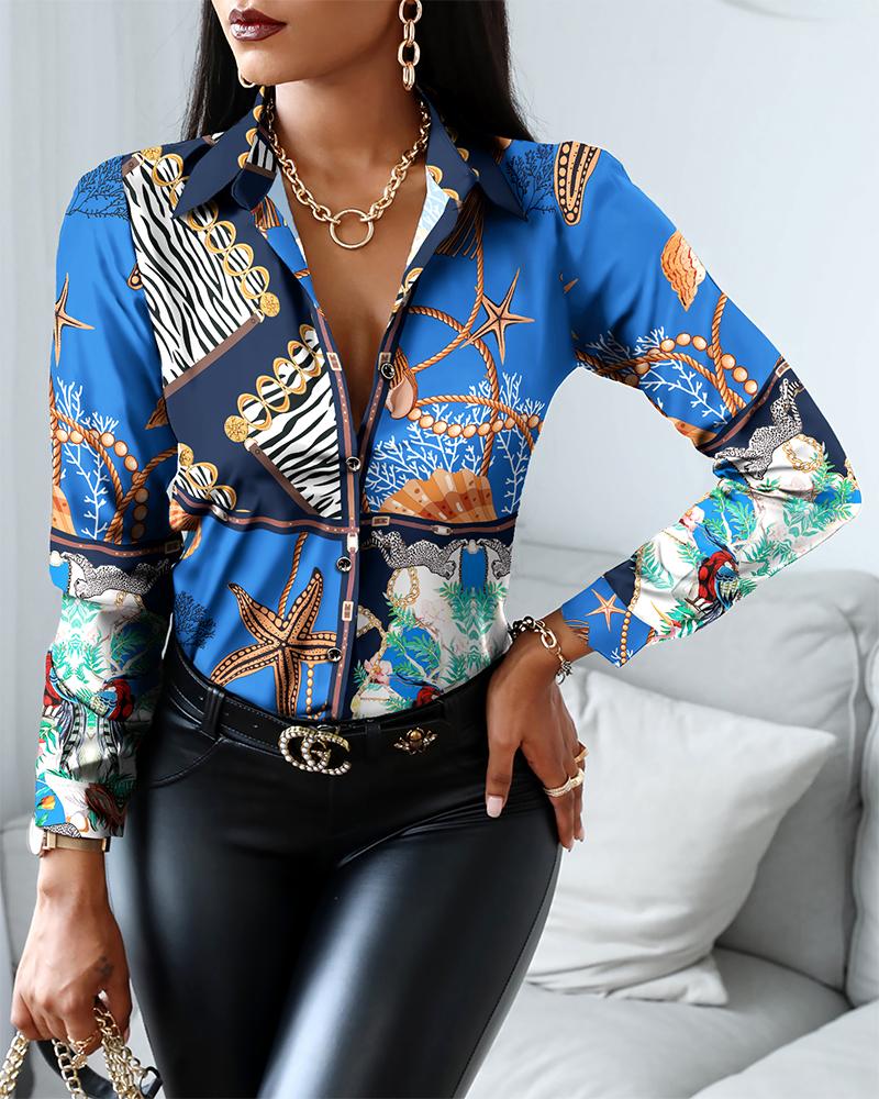 

Scarf Print Patchwork Button-Up Top, Blue