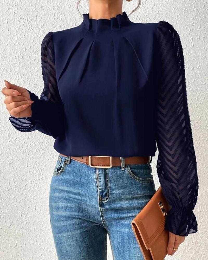 

Chevron Pattern Ruched Long Sleeve Blouse, Purplish blue