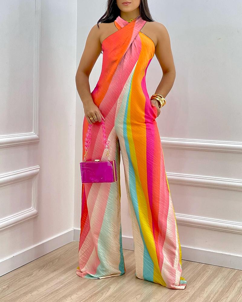

Colorblock Crisscross Halter Wide Leg Jumpsuit, Multicolor