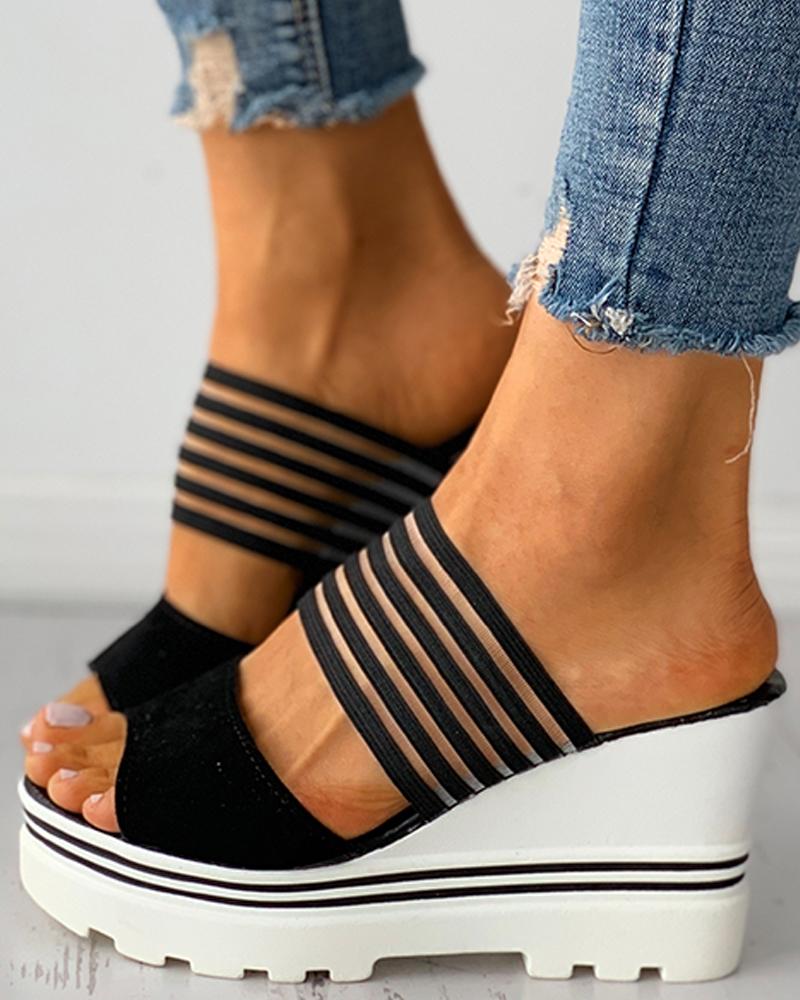 

Colorblock Sheer Mesh Peep Toe Wedge Sandals, Black