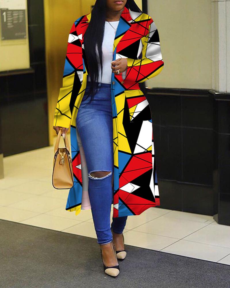 

Plus Size Geometric Print Button Front Longline Coat, Red