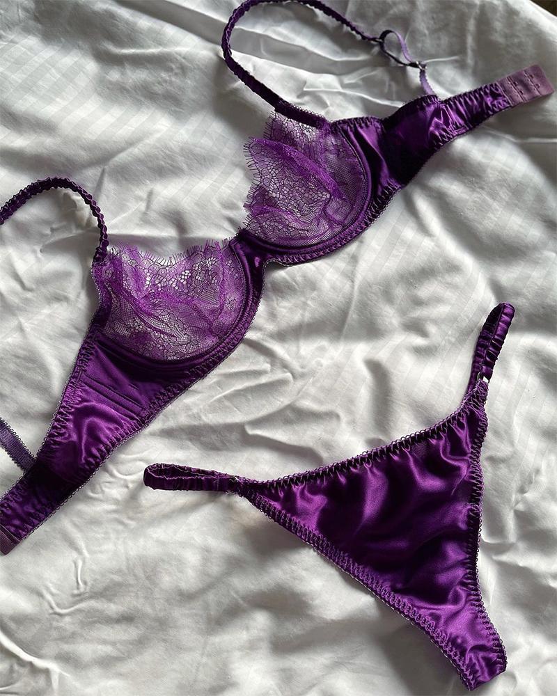 

Solid Lace Contrast Strap Bra With Panties Sexy Sets, Purple