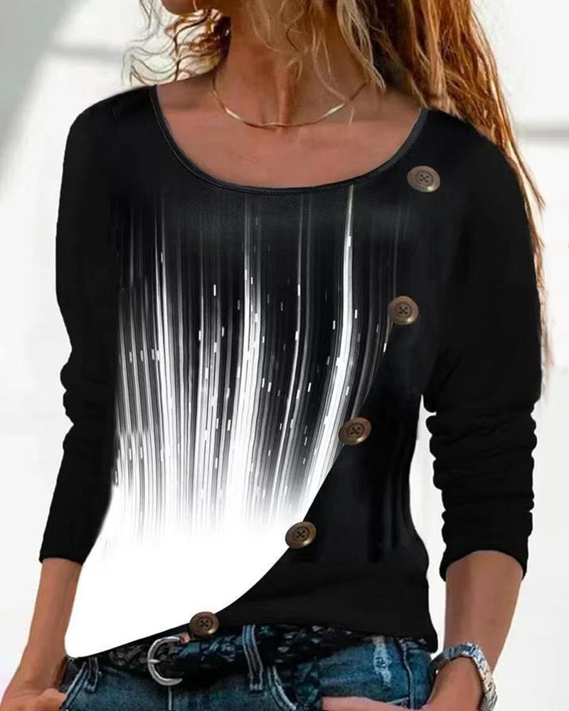 

Ombre Button Decor Long Sleeve Top, Black