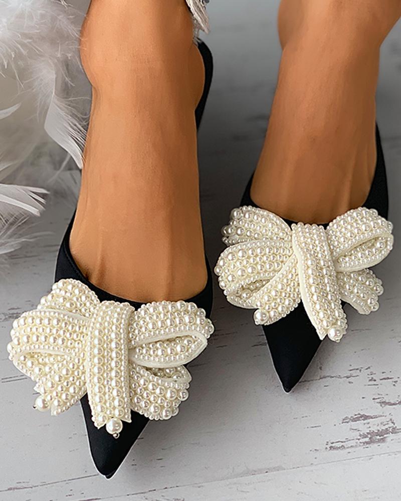 

Pointed Toe Beaded Bowknot Heeled Mules, Black