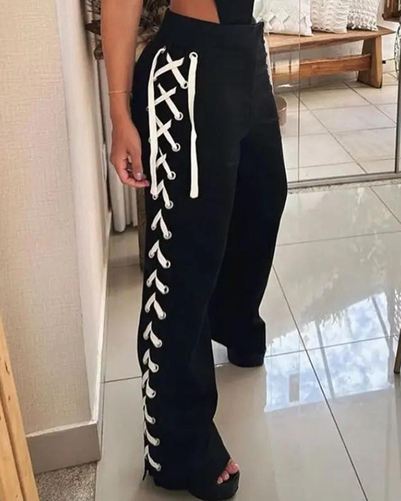 

Side Lace-up High Waist Casual Pants, Black