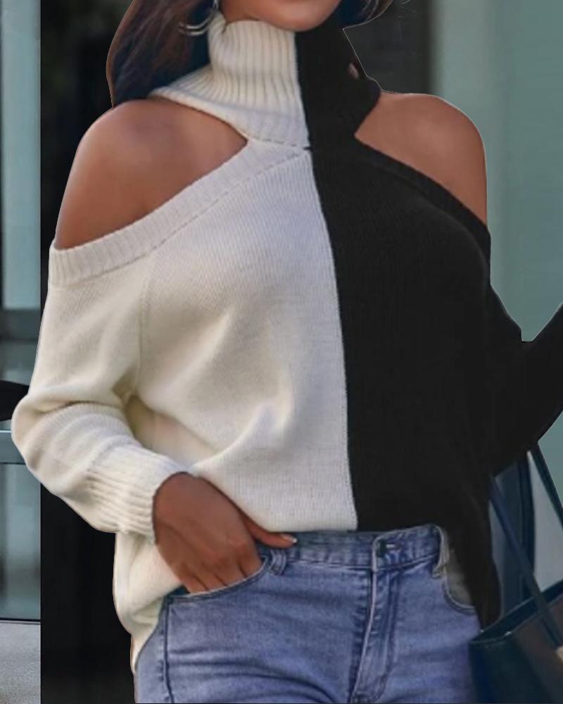 

Colorblock Cold Shoulder Turtleneck Sweater Long Sleeve Casual Oversized Sweater, Black